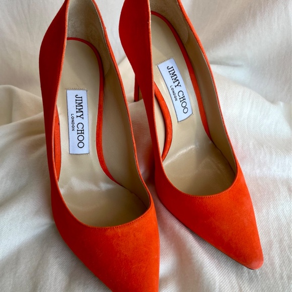 Jimmy Choo Orange Suede Pointed Toe, High Heel Pumps, Sz. 37/US 7, Made in Italy - Picture 2 of 6
